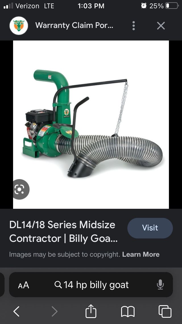 USED 14 Hp Billy Goat Leaf Loader W/ Hanger Kit (blown Engine)