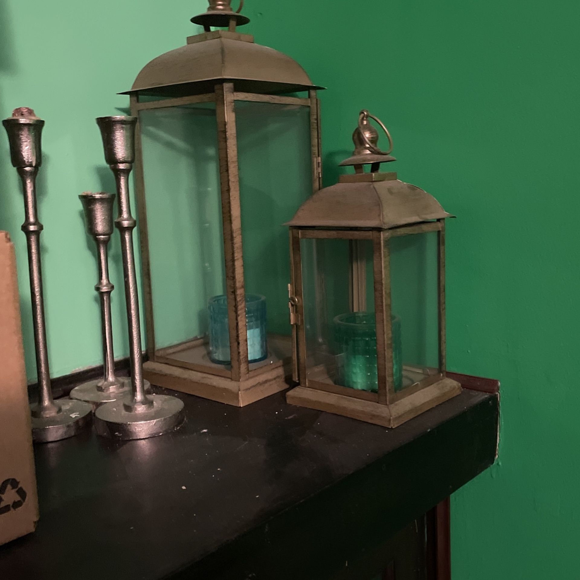 Two Decorative Brass Lantern Candle Holders  