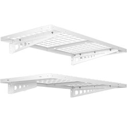 2 White 2x4ft Garage Shelves With Hooks For Bike Storage
