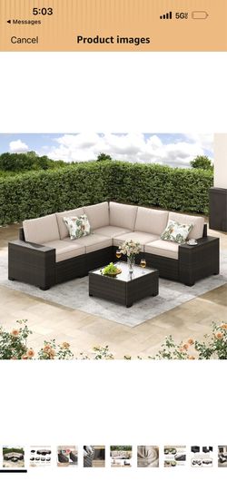 Jing's Villa 6-Piece Patio Furniture Set, All-Weather Outdoor Wicker Sectional Sofa with Cushions, Glass Table & Left and Right Armrest, Rattan Conver