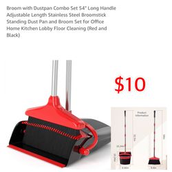 Broom with Dustpan Combo Set 54" Long Handle Adjustable Length Stainless Steel Broomstick Standing Dust Pan $10 New