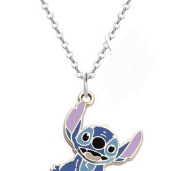 NEW! Lilo & Stitch Necklace 18" Adjustable Slide Silver Chain, Birthday Wish Card, Velvet gift bag