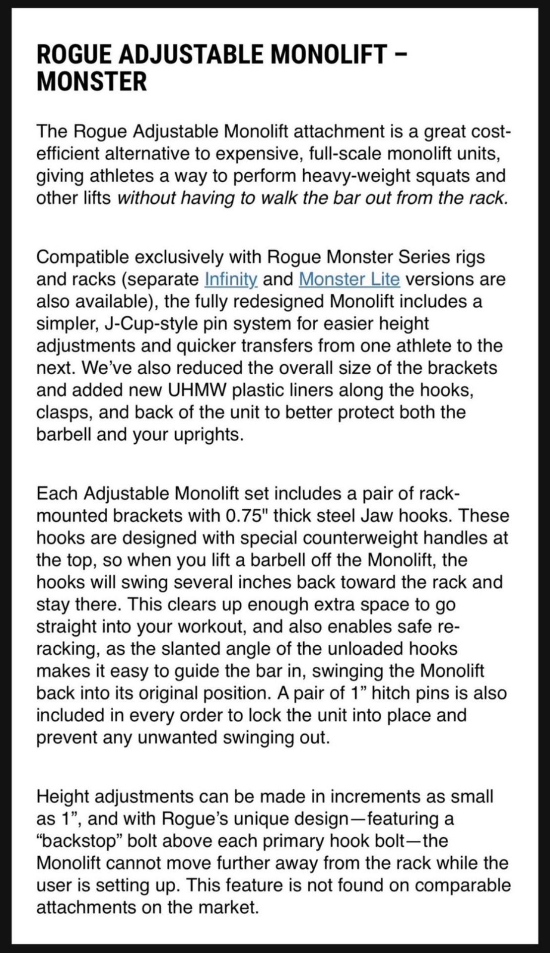 ROGUE MONSTER SQUAT RACK POWER WEIGHTS BENCH MONOLIFTS ADJUSTABLE MONO LIFTS NEW