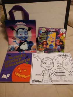 Disney Vampirina Book With Stickers, Trick Or Treat Bag, 2 Sided Coloring Page Demi And Wolfie And Tucker's Spooky Halloween Board Book