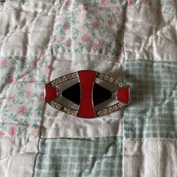 Vintage Red And Black Enameled Silvertone Brooch Pin