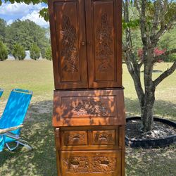 Vintage 19 Century English Hand carved Teak Wood Secretary Desk