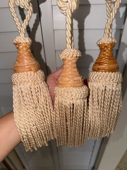 Set of 3 Decorative Curtain Tassel Tiebacks – Rattan & Rope – Boho / Coastal