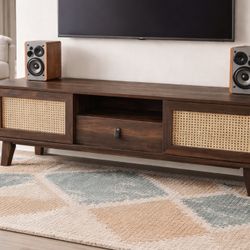 Rattan TV Stand - mid-century modern walnut media console. 