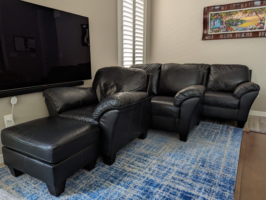 Ashley Furniture Set - Black Leather Sofa, Loveseat, Chair, Ottoman