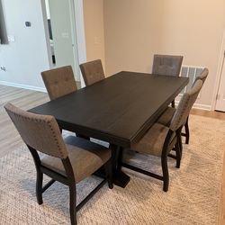 Dark Wood Dining Table with 6 Upholstered Chairs and 3 Matching Bar Stools