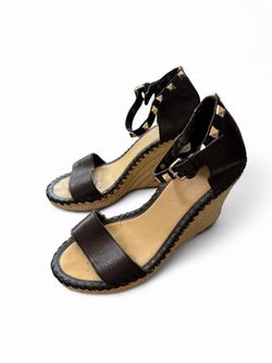 Marc Fisher black leather wedge sandals with studded straps size 6