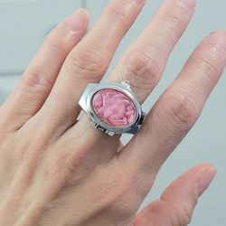 Silver Oval Pink Stone case Ring Watch Women's Gift