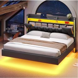 Black Pu Leather Platform Bed Frame with LED Lights and Storage Headboard