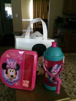 Mickey and Minnie mouse lunch a bowl and sippy cup with Storage about the container