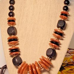 Natural Chunky Wooden Disk Boho Collar Necklace 20" Gold Tone Accent Beads