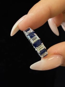6CT Alternating Emerald Shape Lab Grown Blue Sapphire And Diamonds Eternity Band Ring 14K White Gold