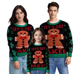 IFFEI Ugly Christmas Sweater For Women Men Kids Gingerbread Man Print Family Matching Knit Pullover Jumpers 6-7 Years