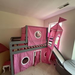 Twin Low Loft Bed with Easy Slide & Princess Curtain