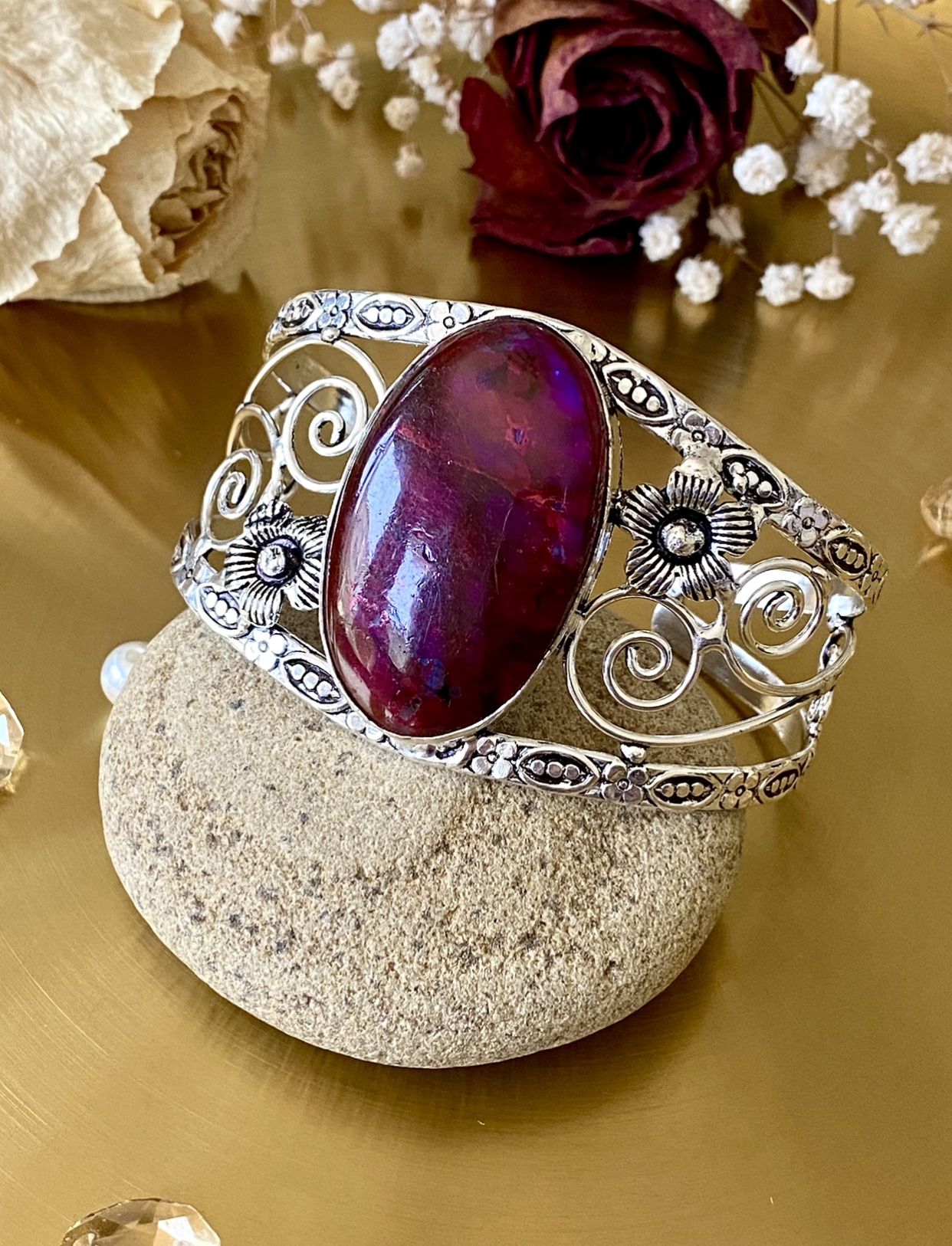 Rare ❗️Pink Flash Labradorite 925 Sterling Silver Overlay Adjustable Cuff