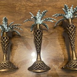 Set Of 3 Vintage Brass Palm Tree Taper Candlestick Holder 