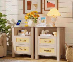 Rattan Nightstand with Charging Station, End Table with 2-Storage Drawers