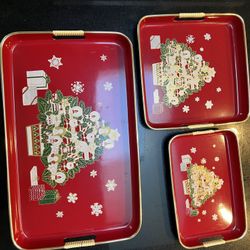 Vintage Lacquerware Nesting Trays Christmas Trees Set 3 Christmas Artmark 1985