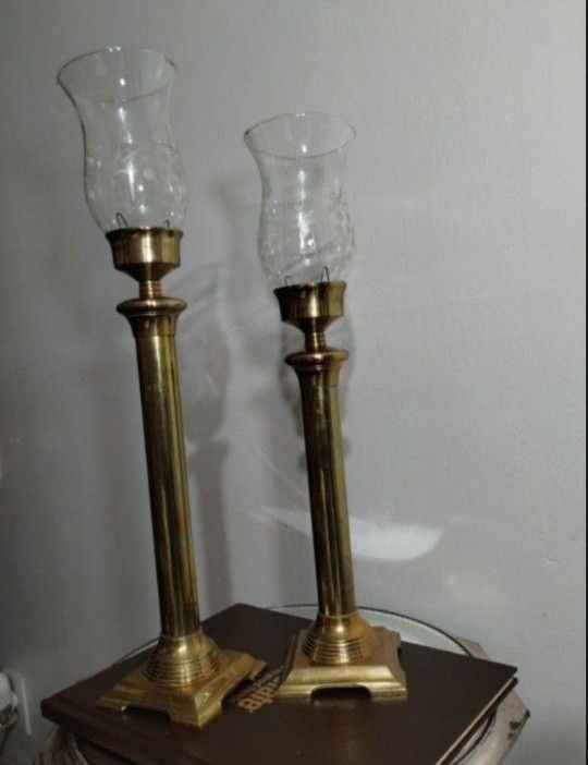 VINTAGE BRAS -GLASS CANDLESTICK SET OF 2/ 19" & 17"