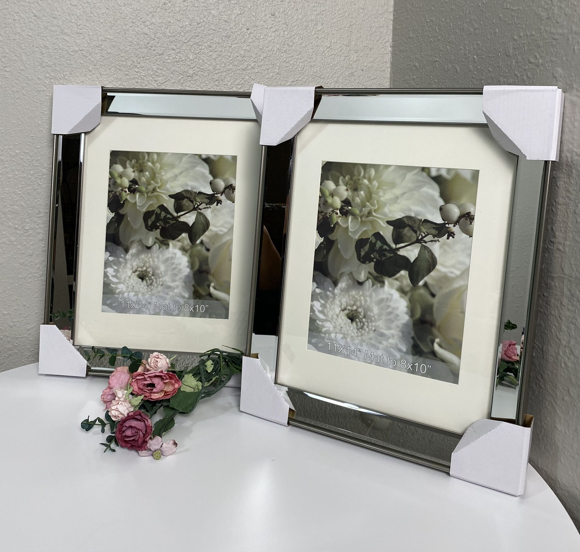 GIMORRTO Mirror Picture Frame - 2PC Beveled Mirrored 11x14 Inch Silver Photo Frame with Metallic Color Border for Wall Decor
