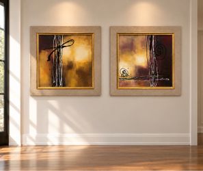 PAIR OF ABSTRACT FRAMED ARTWORKS — GOLD & WARM EARTH TONES