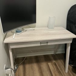 White Oak Simple Desk With Large Shallow Drawer