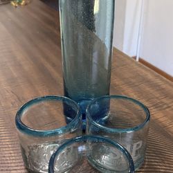 Mexican Glass Handblown Pitcher And Glass Set