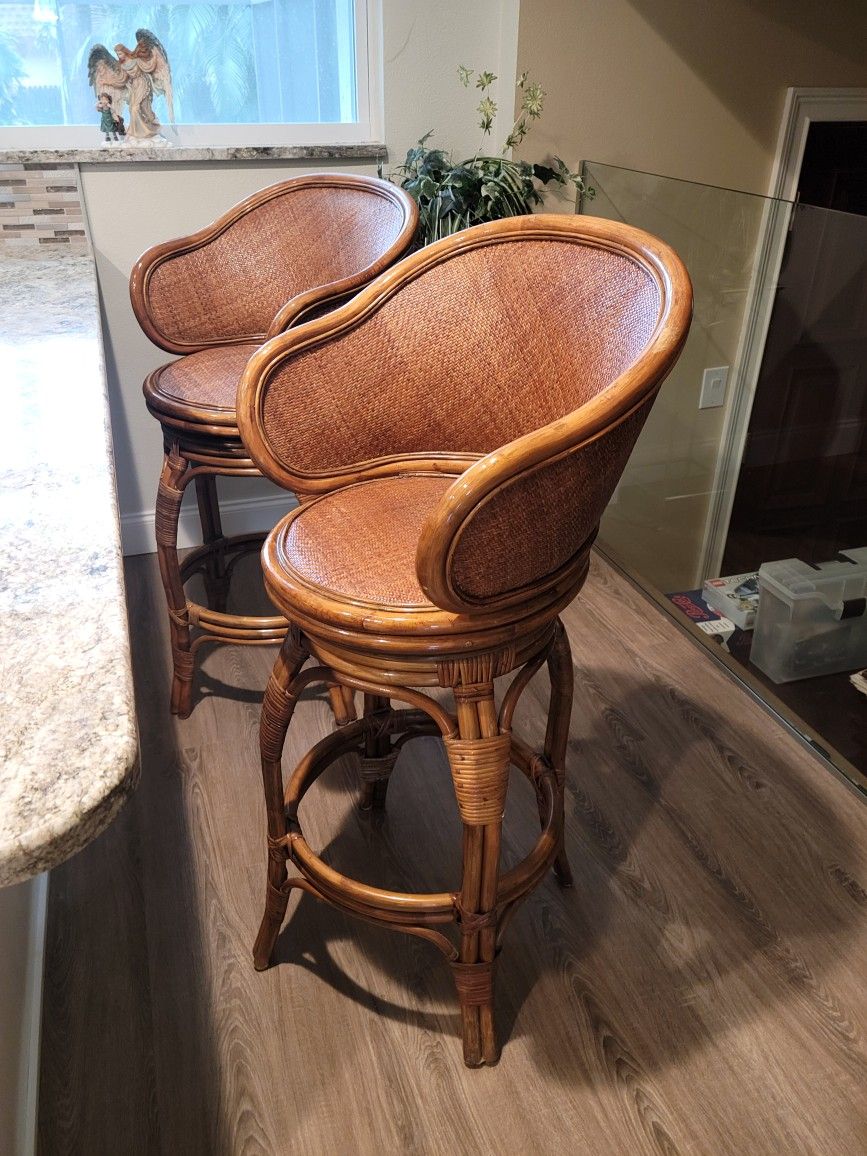 2 Boho Rattan Swivel Bar Stools