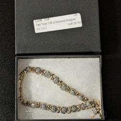 New. 7.5" 1.00 CT Natural Diamond & Sterling Silver W/Gold Overlay Bracelet . Stamped 925.