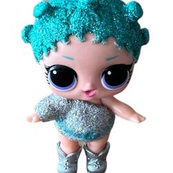 MGA LOL Surprise Mini Doll Blue Glittery Shiny Hair Black Eyes Silver Boots  This MGA LOL Surprise Mini Doll features blue glittery shiny hair, black 