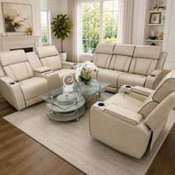 Beige  Leather Power Recliner 3 Piece Sofa Set