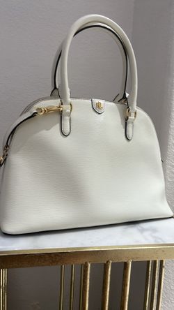 white Lauren Ralph Lauren leather dome satchel featuring gold-toned hardware and a detachable strap