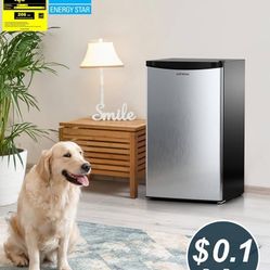 3.2 Cu.Ft Mini Fridge with Freezer, Single Door Mini Fridge, Dorm Fridge, Adjustable Thermostat, Mini Refrigerator for Dorm, Office, Bedroom, Stainles