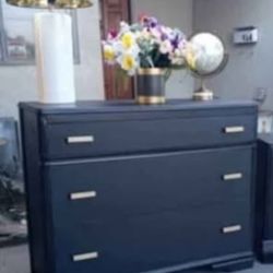 Dresser With 3 Large Drawers - Solid Wood - Black With Gold 
