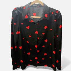 Women’s Medium Black with Red Hearts Button Down Top