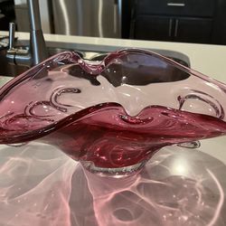 Vintage Large Hand Blown Murano Art Glass Bowl Cranberry Pink Dish