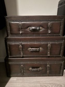 Vintage Faux Leather Room Chest with Buckles and Straps dresser
