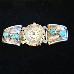 Men's  Turquoise & Sterling Silver Band With Swiss Army Watch