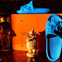 Louis Vuitton LV Waterfront Blue Monogram Embossed Mule Slides Sandals Unisex 
