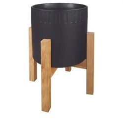 BRAND NEW 
Flora Bunda
10 in. Clementine Medium Black Ceramic Planter (10 in. D x 16 in. H) with Wood Stand