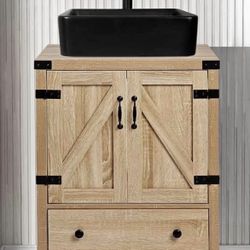 Rustic Natural Wood Bathroom Vanity with Black Vessel Sink - NEW