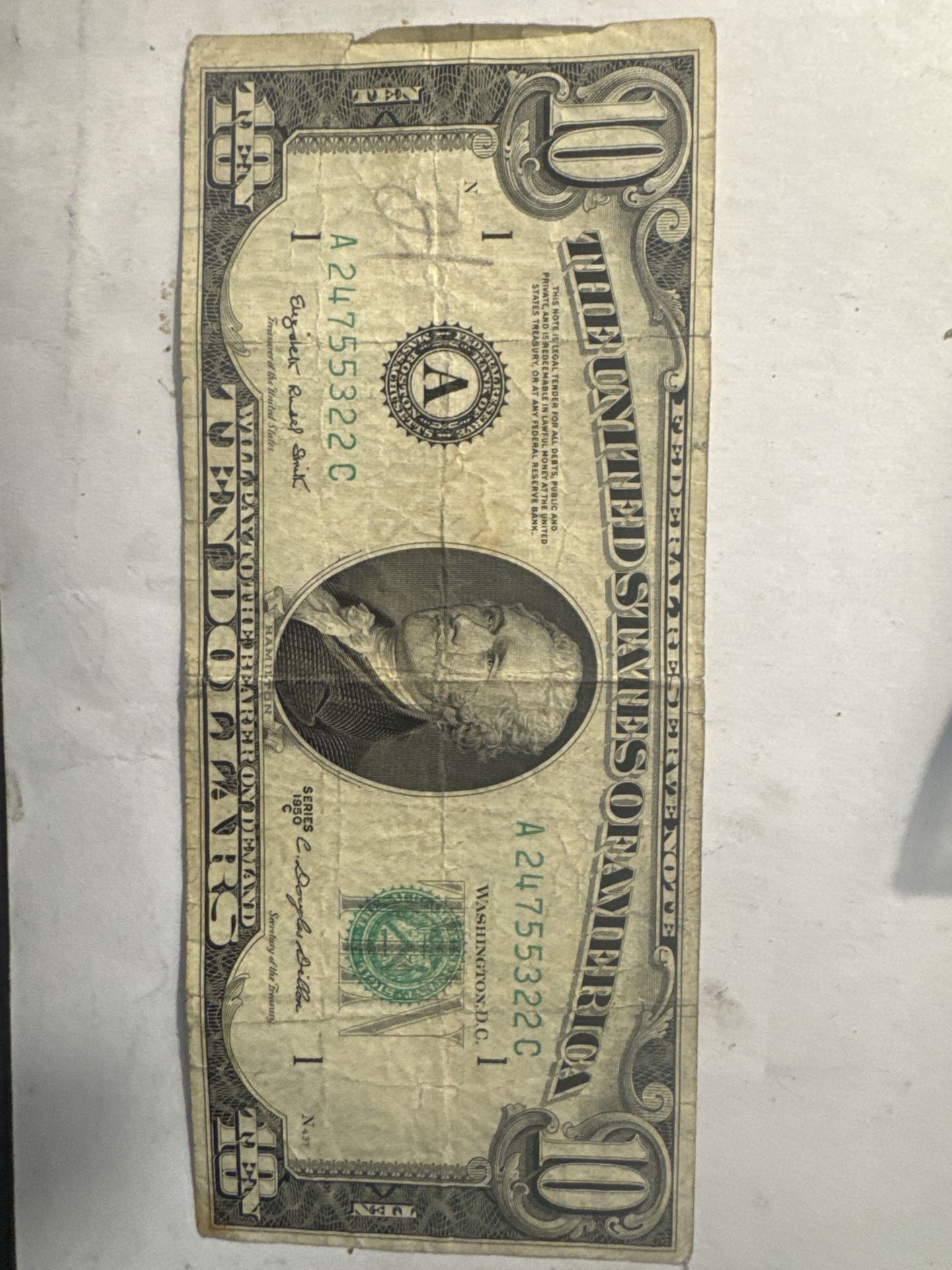 #76 1950C $10 Federal Reserve Note β Boston βAβ β Vintage Cold War Era Currency π΅ Rare Find!