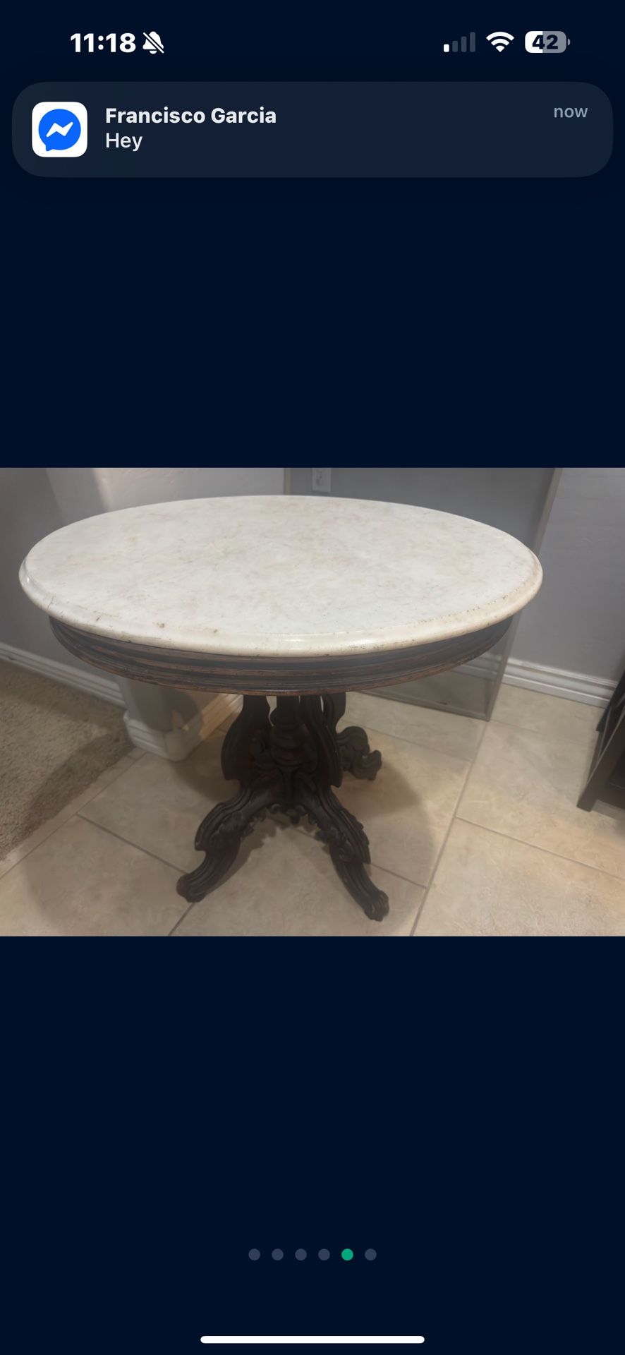 Antique Victorian Carved Walnut Oval Marble Top Parlor Table
