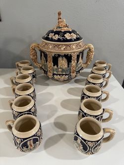 Vintage Marzi & Remy German Stoneware Castle Punch Bowl Set - 13 Pcs (6L)