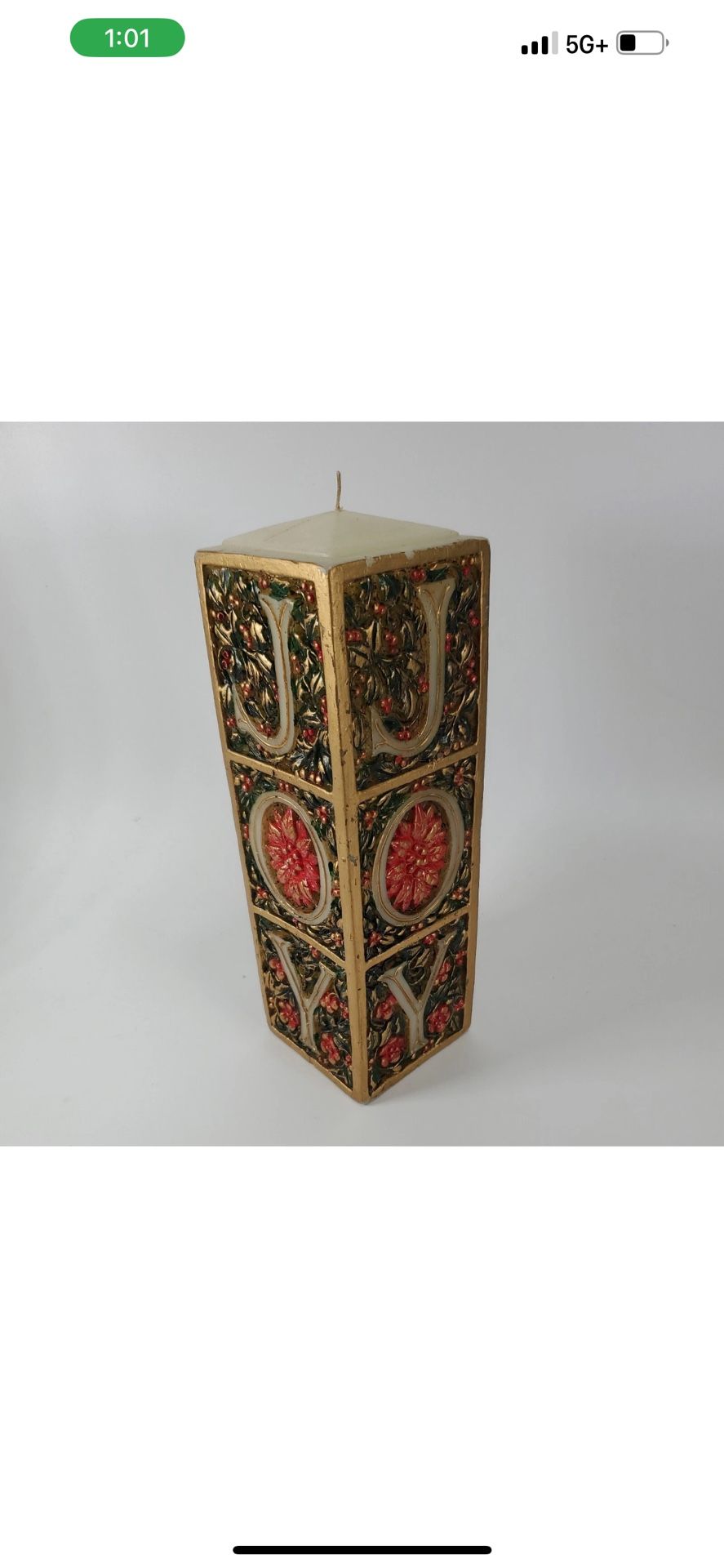 Vintage Beacon Hill JOY Christmas Wax Candle 1970s 9 Inches Square Holiday Japan