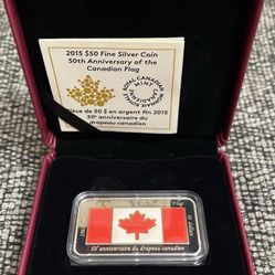 2015 $50 50th Anniversary Canadian Flag Silver Rectangular Coin With Certificate